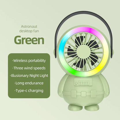 Green Astronaut Portable Fan - USB Rechargeable Desk Fan with RGB Night Light
