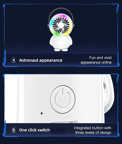 Green Astronaut Portable Fan - USB Rechargeable Desk Fan with RGB Night Light