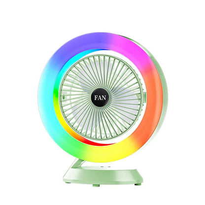Green RGB Desktop Fan - USB Rechargeable, 3-Speed, 180° Adjustable, LED Light