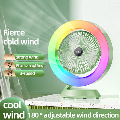 Green RGB Desktop Fan - USB Rechargeable, 3-Speed, 180° Adjustable, LED Light