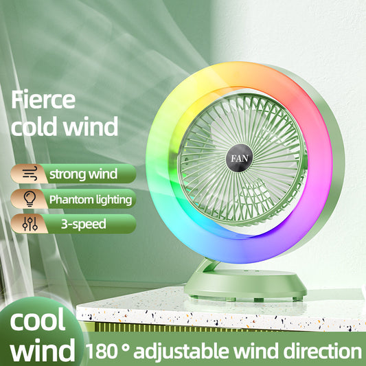 Green RGB Desktop Fan - USB Rechargeable, 3-Speed, 180° Adjustable, LED Light