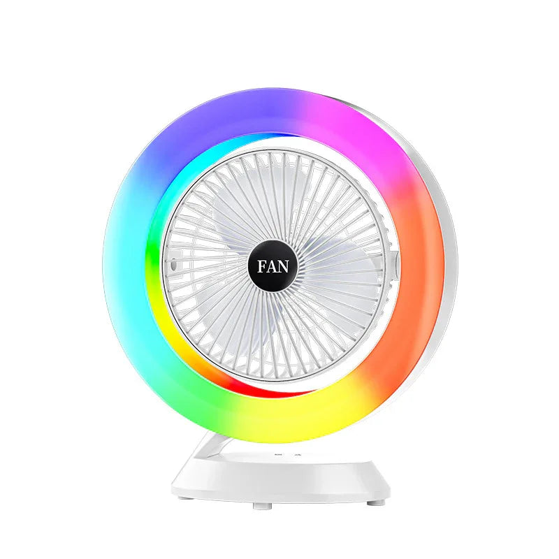 White RGB Desktop Fan - USB Rechargeable, 3-Speed, 180° Adjustable, LED Light