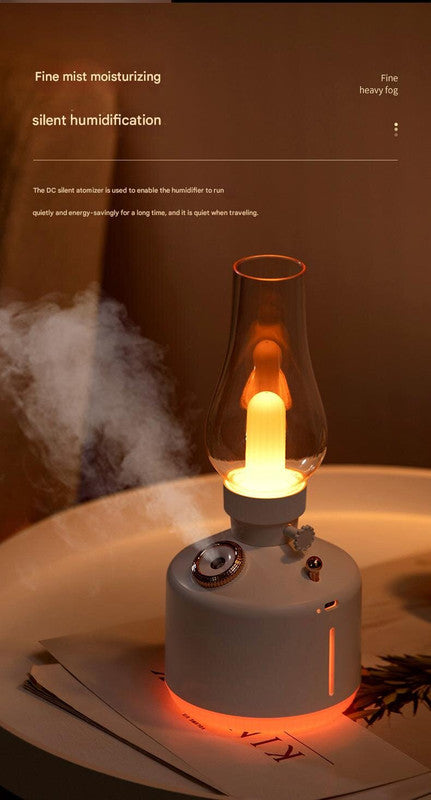 White Retro Kerosene Lamp Humidifier - Rechargeable Cool Mist Maker with Dimmable Light