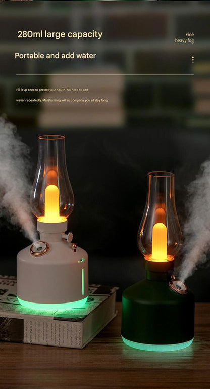 Black Retro Kerosene Lamp Humidifier - Rechargeable Cool Mist Maker with Dimmable Light
