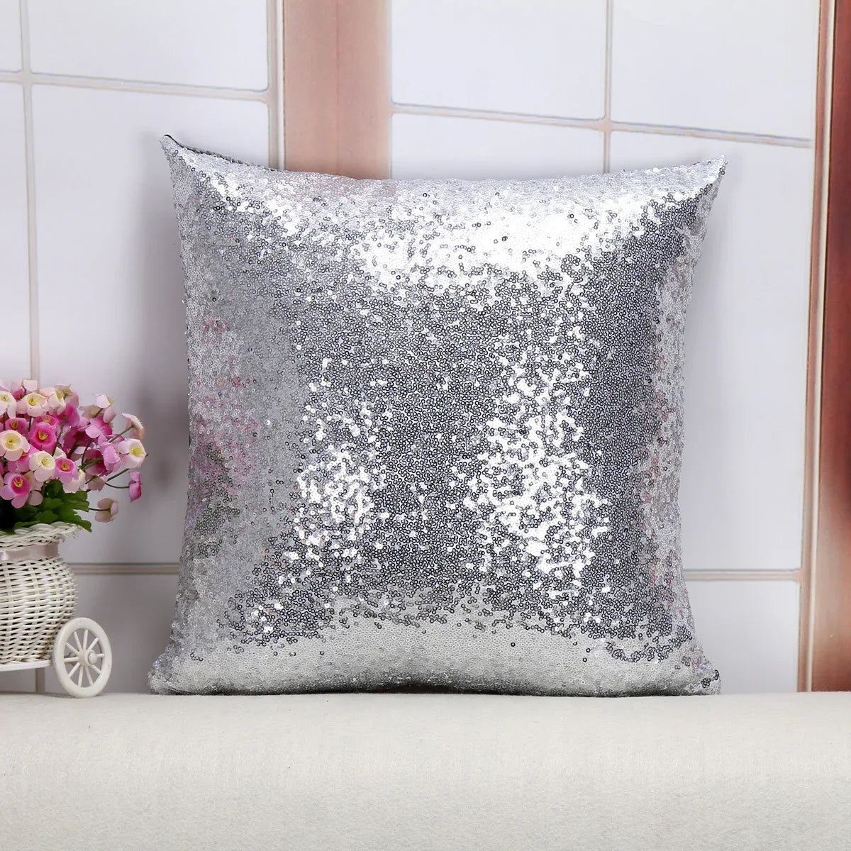 Shiny Sequin Pillowcase - Single-sided gorgeous pillowcase (Silver pair: 45x45cm) - Mekamart Australia