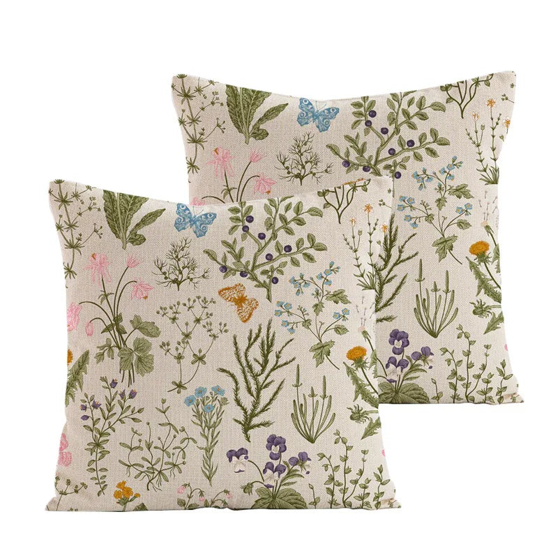 Style 4 Wildflower Linen Pillow Cover - Botanical Print Cushion Case (Three piece set: 45x45cm) - Mekamart Australia
