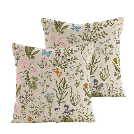 Style 4 Wildflower Linen Pillow Cover - Botanical Print Cushion Case (Three piece set: 45x45cm) - Mekamart Australia