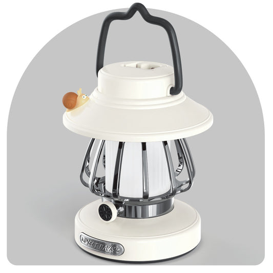 White Retro Snail Night Light - Portable Rechargeable Camping Lantern with Hook, 3-Color Dimming