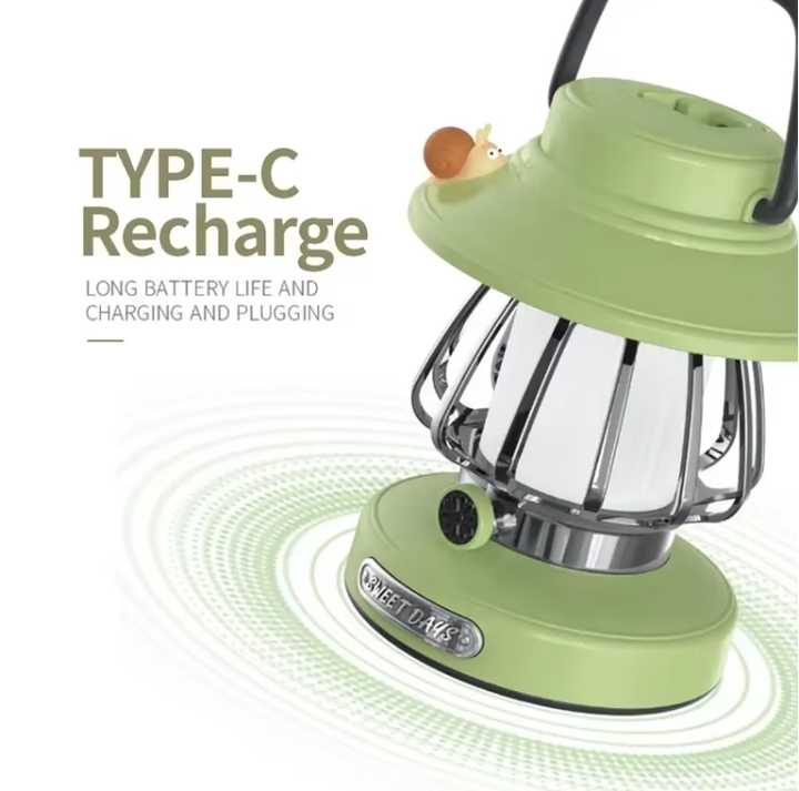 White Retro Snail Night Light - Portable Rechargeable Camping Lantern with Hook, 3-Color Dimming