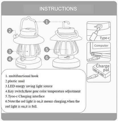 White Retro Snail Night Light - Portable Rechargeable Camping Lantern with Hook, 3-Color Dimming