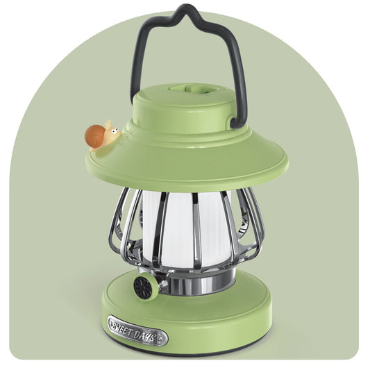 Green Retro Snail Night Light - Portable Rechargeable Camping Lantern with Hook, 3-Color Dimming