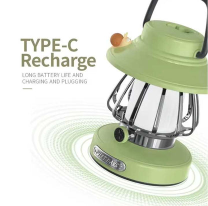 Green Retro Snail Night Light - Portable Rechargeable Camping Lantern with Hook, 3-Color Dimming