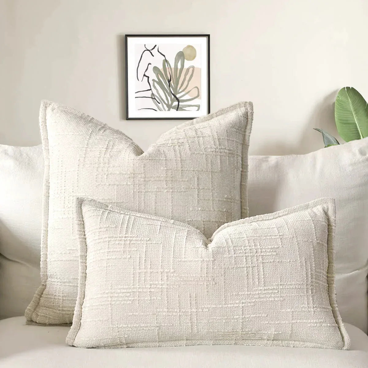 Beige Chenille Crosshatch Textured Pillow Covers Set of 2 - Modern Minimalist Sofa Bed Cushion Covers 45x45cm & 30x50cm(without pillow core) - Mekamart Australia