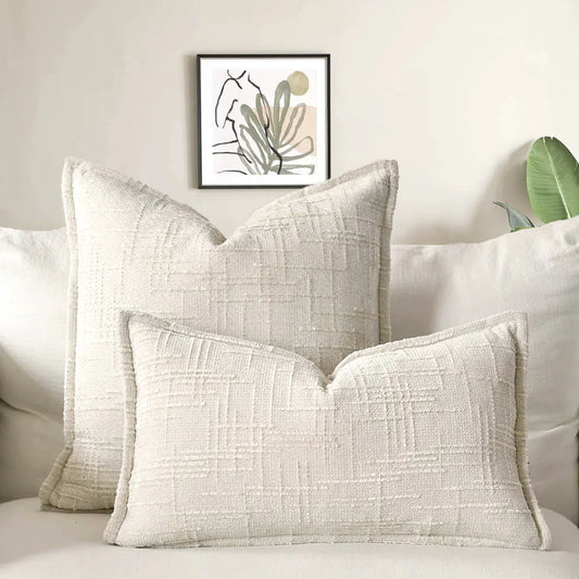 Beige Chenille Crosshatch Textured Pillow Covers Set of 2 - Modern Minimalist Sofa Bed Cushion Covers 45x45cm & 30x50cm(without pillow core) - Mekamart Australia