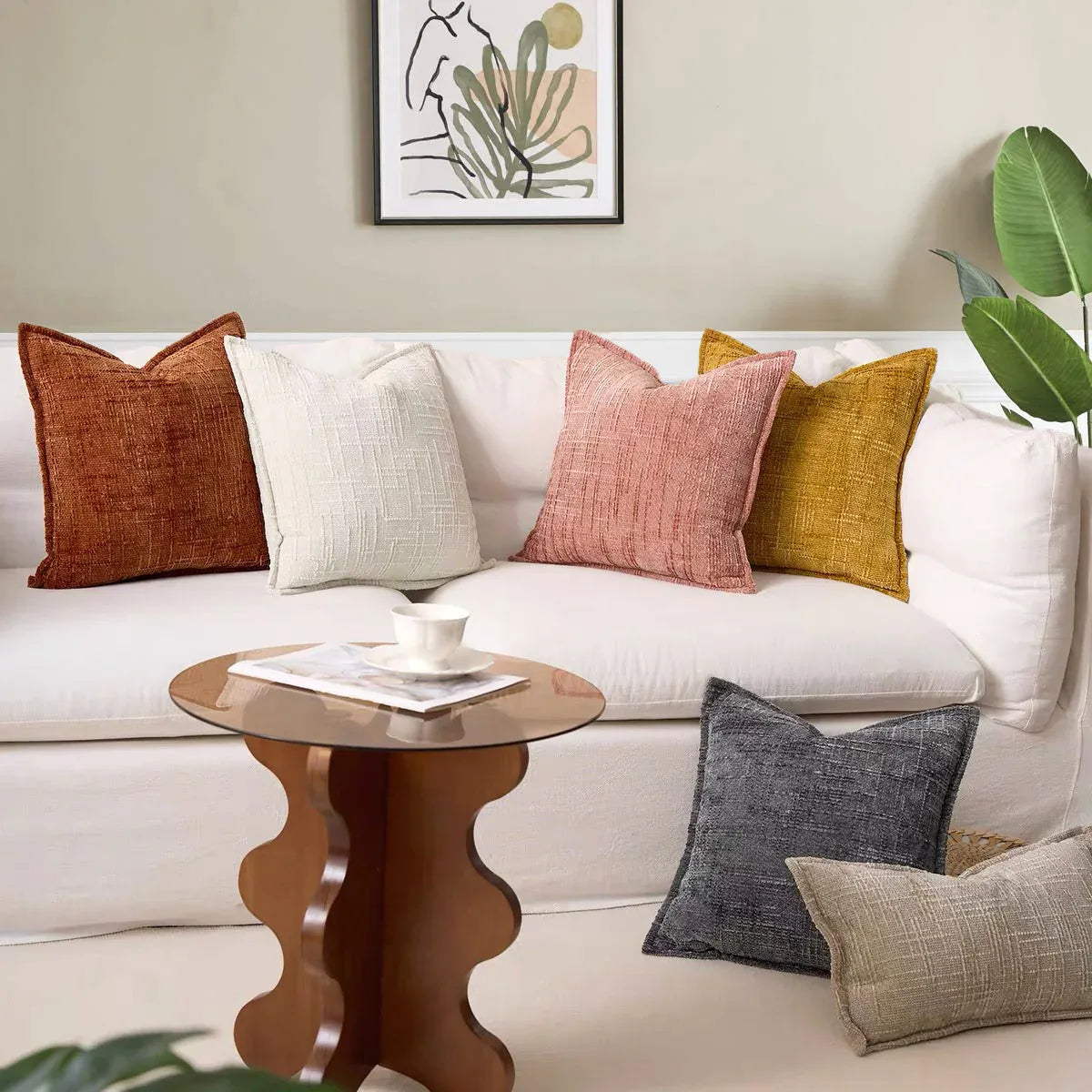 Khaki Chenille Crosshatch Textured Pillow Covers Set of 2 - Modern Minimalist Sofa Bed Cushion Covers 45x45cm & 30x50cm(without pillow core) - Mekamart Australia