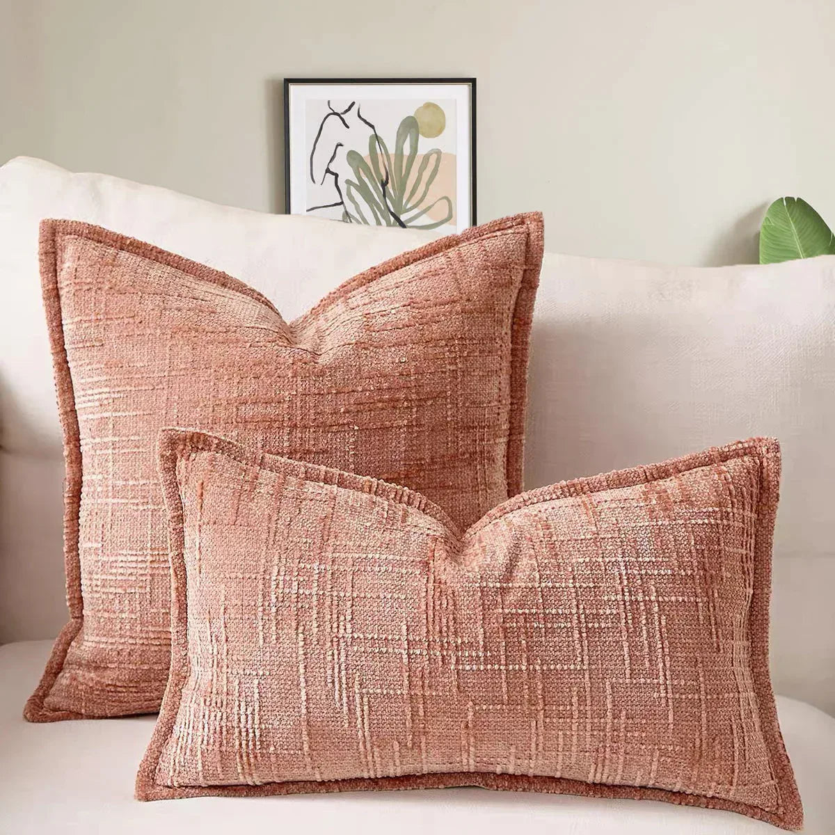 Pink Chenille Crosshatch Textured Pillow Covers Set of 2 - Modern Minimalist Sofa Bed Cushion Covers 45x45cm & 30x50cm(without pillow core) - Mekamart Australia
