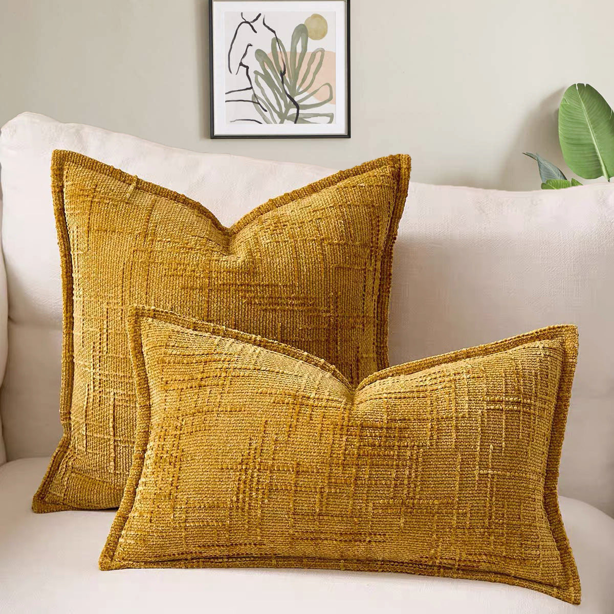 Yellow Chenille Crosshatch Textured Pillow Covers Set of 2 - Modern Minimalist Sofa Bed Cushion Covers 45x45cm & 30x50cm(without pillow core)