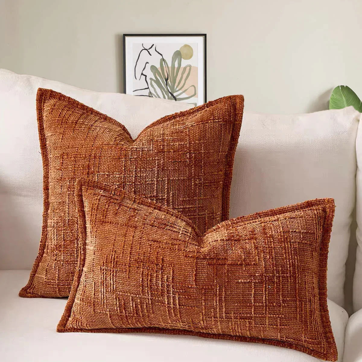 Brick Red Chenille Crosshatch Textured Pillow Covers Set of 2 - Modern Minimalist Sofa Bed Cushion Covers 45x45cm & 30x50cm(without pillow core) - Mekamart Australia