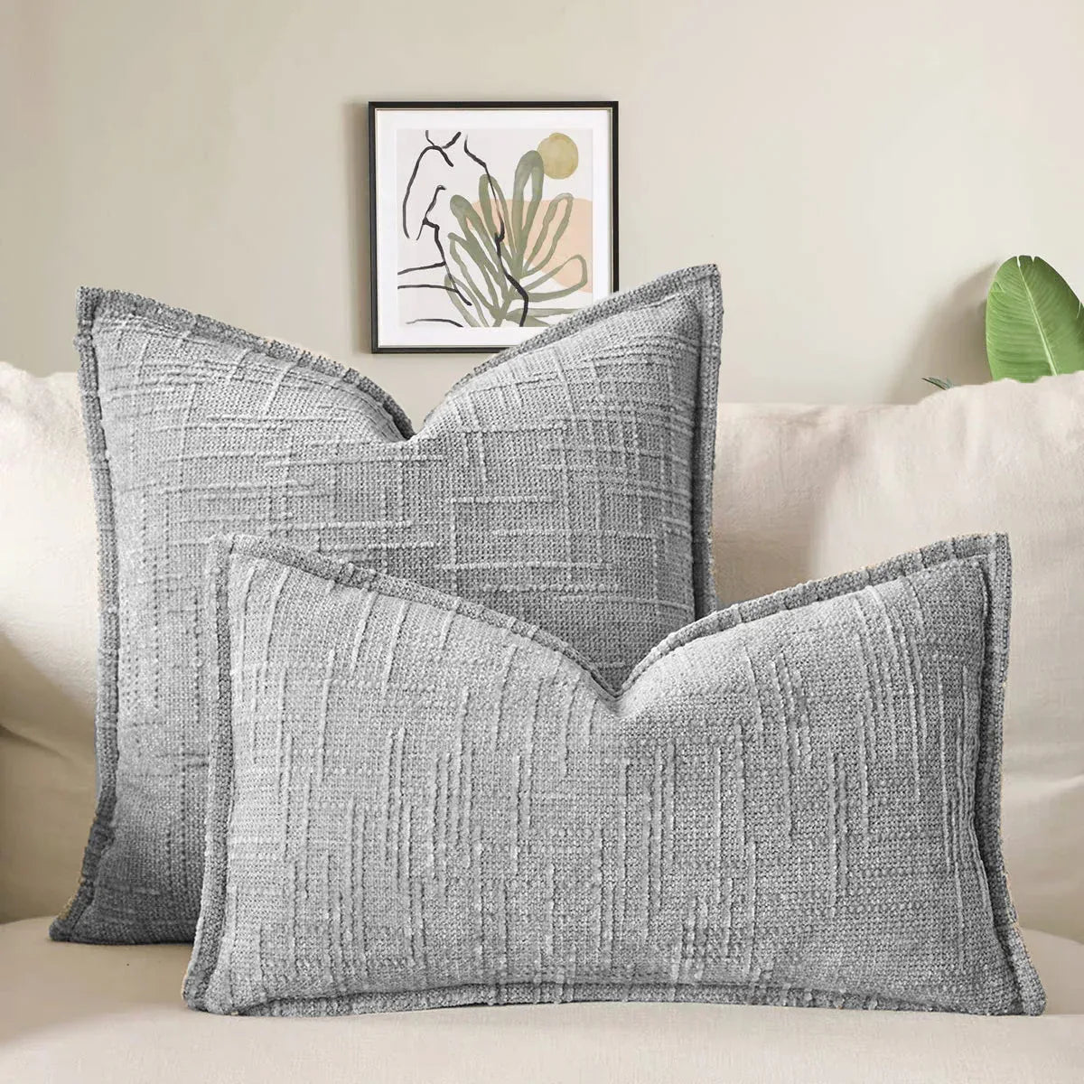 Grey Chenille Crosshatch Textured Pillow Covers Set of 2 - Modern Minimalist Sofa Bed Cushion Covers 45x45cm & 30x50cm(without pillow core) - Mekamart Australia