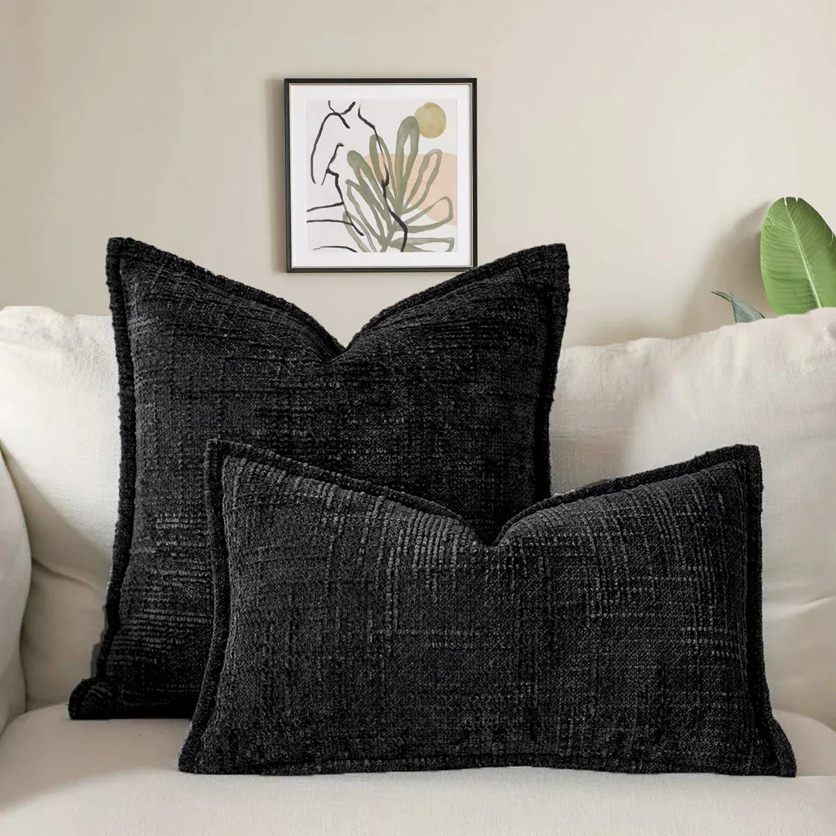 Black Chenille Crosshatch Textured Pillow Covers Set of 2 - Modern Minimalist Sofa Bed Cushion Covers 45x45cm & 30x50cm(without pillow core) - Mekamart Australia
