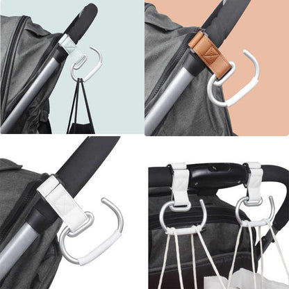 Black Stroller Hooks 4-Pack - Leather and Alloy Pram Hooks with Velcro for Mom Bags and Accessories