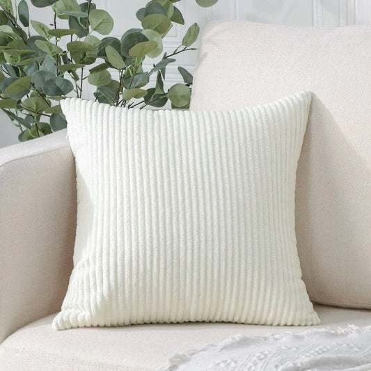 White Plush Striped Pillow Covers 45x45cm - Set of 4 Corduroy-Style Cushion Covers with Invisible Zipper, Soft and Washable for Sofa Decor