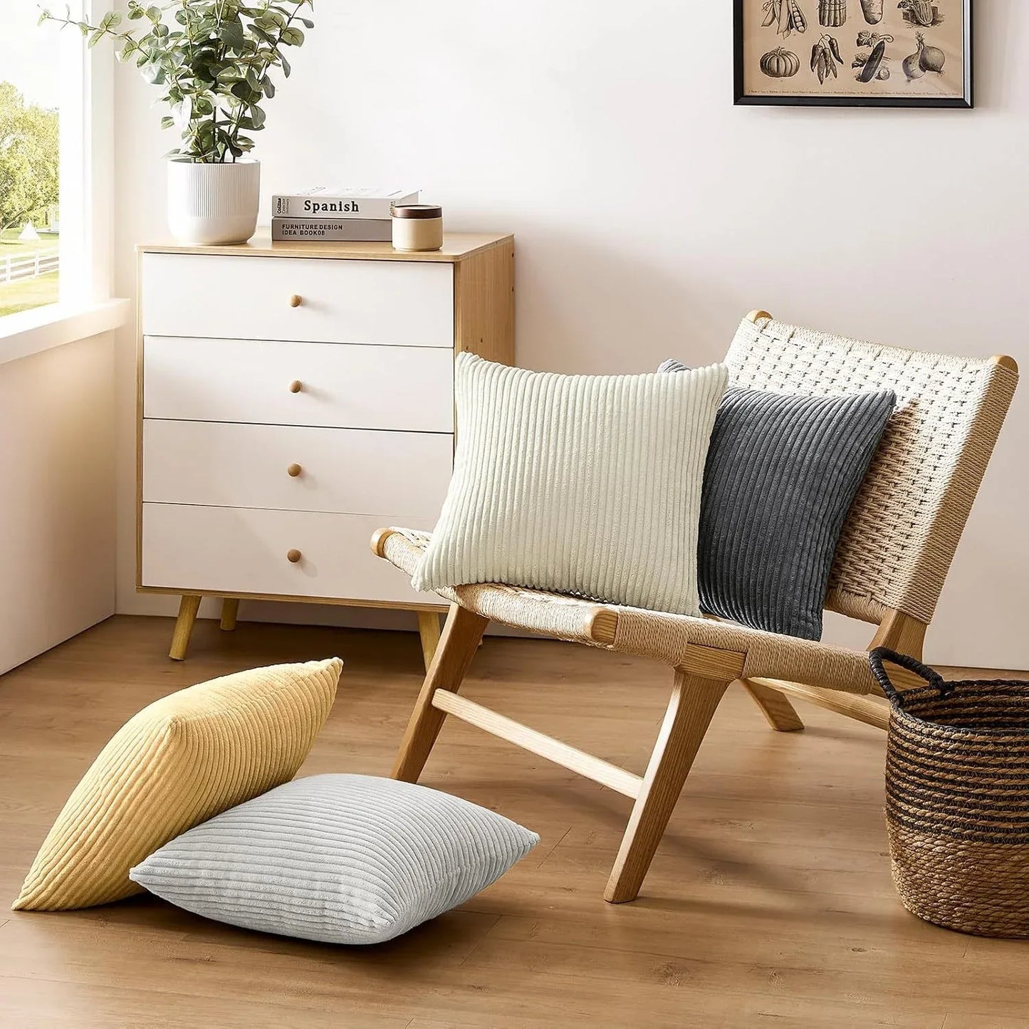 White Plush Striped Pillow Covers 45x45cm - Set of 4 Corduroy-Style Cushion Covers with Invisible Zipper, Soft and Washable for Sofa Decor - Mekamart Australia