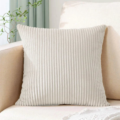 Beige Plush Striped Pillow Covers 45x45cm - Set of 4 Corduroy-Style Cushion Covers with Invisible Zipper, Soft and Washable for Sofa Decor - Mekamart Australia