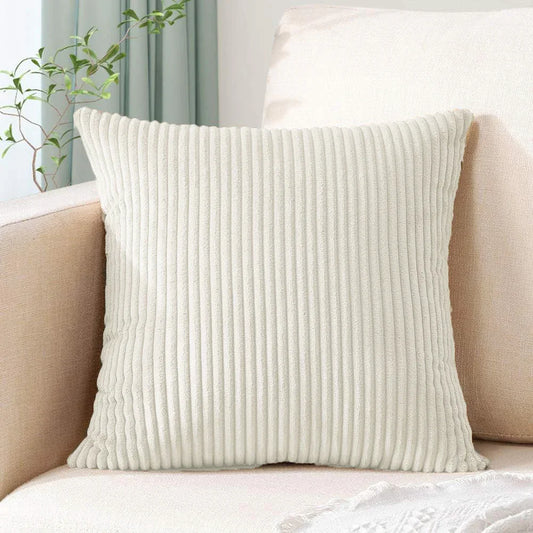 Light Beige Plush Striped Pillow Covers 45x45cm - Set of 4 Corduroy-Style Cushion Covers with Invisible Zipper, Soft and Washable for Sofa Decor - Mekamart Australia