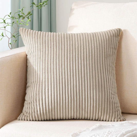 Light Brown Plush Striped Pillow Covers 45x45cm - Set of 4 Corduroy-Style Cushion Covers with Invisible Zipper, Soft and Washable for Sofa Decor - Mekamart Australia
