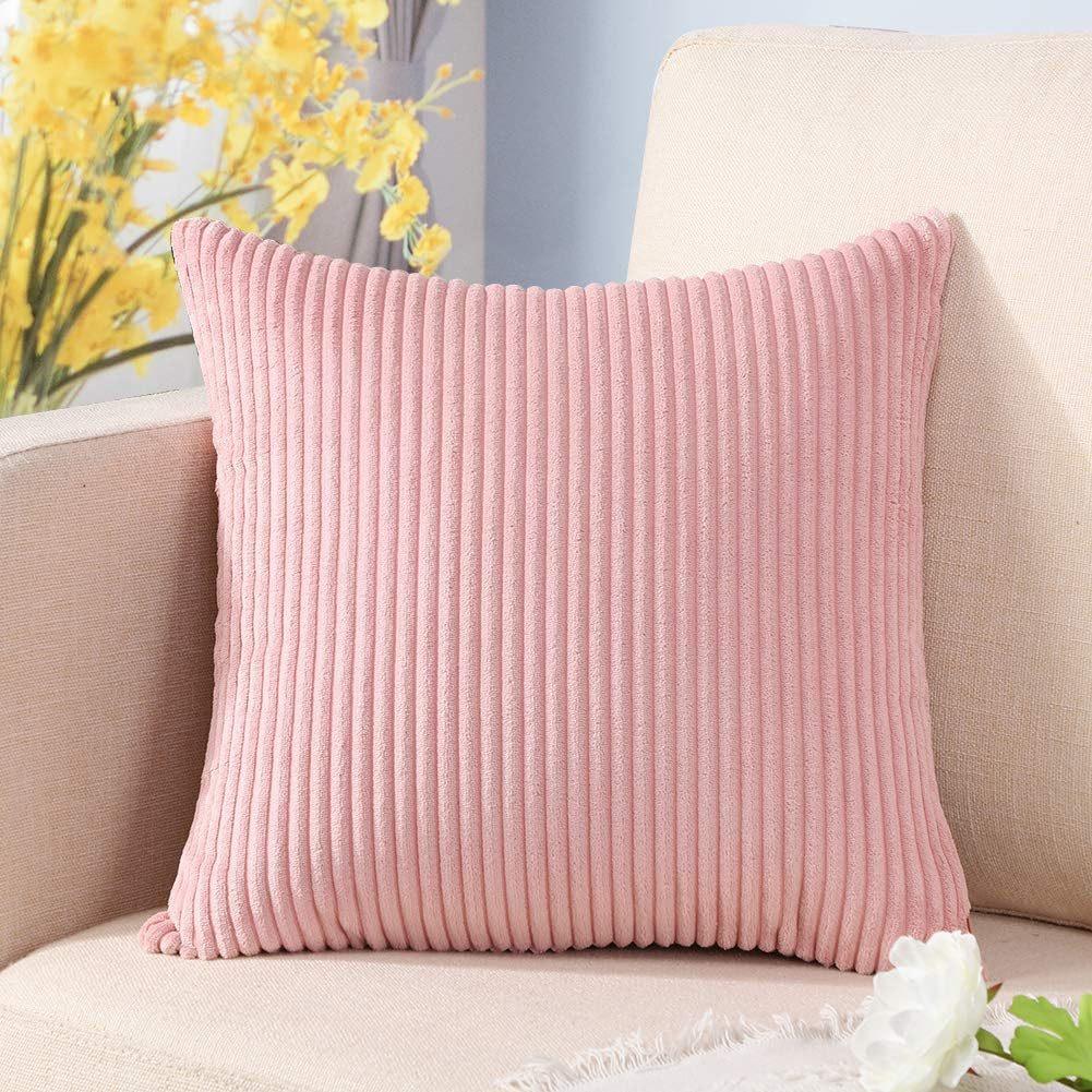 Pink Plush Striped Pillow Covers 45x45cm - Set of 4 Corduroy-Style Cushion Covers with Invisible Zipper, Soft and Washable for Sofa Decor - Mekamart Australia