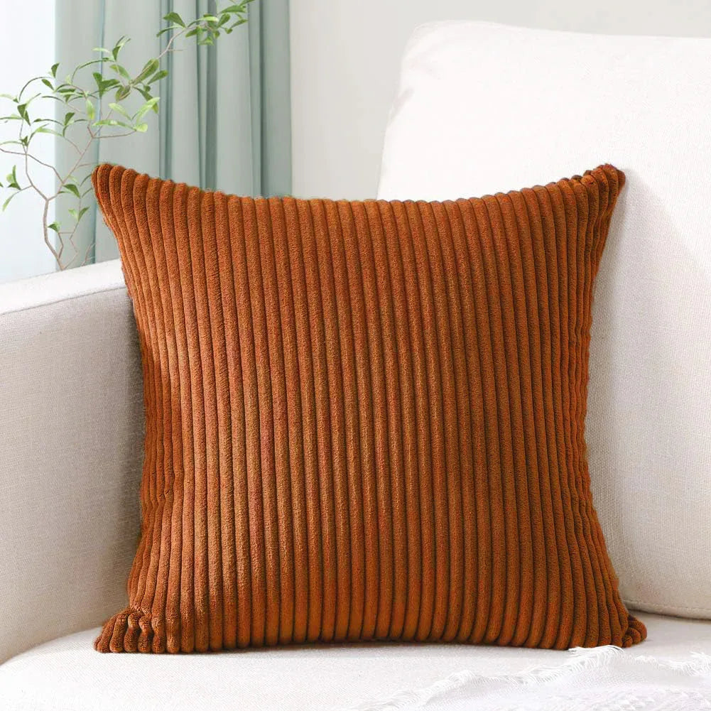 Brick Red Plush Striped Pillow Covers 45x45cm - Set of 4 Corduroy-Style Cushion Covers with Invisible Zipper, Soft and Washable for Sofa Decor - Mekamart Australia