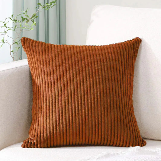 Brick Red Plush Striped Pillow Covers 45x45cm - Set of 4 Corduroy-Style Cushion Covers with Invisible Zipper, Soft and Washable for Sofa Decor - Mekamart Australia