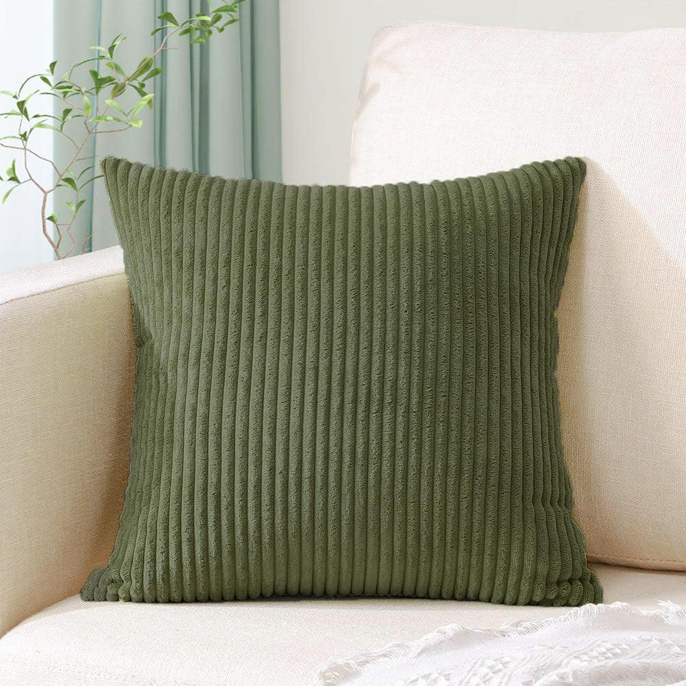 Green Plush Striped Pillow Covers 45x45cm - Set of 4 Corduroy-Style Cushion Covers with Invisible Zipper, Soft and Washable for Sofa Decor - Mekamart Australia