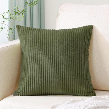 Green Plush Striped Pillow Covers 45x45cm - Set of 4 Corduroy-Style Cushion Covers with Invisible Zipper, Soft and Washable for Sofa Decor - Mekamart Australia