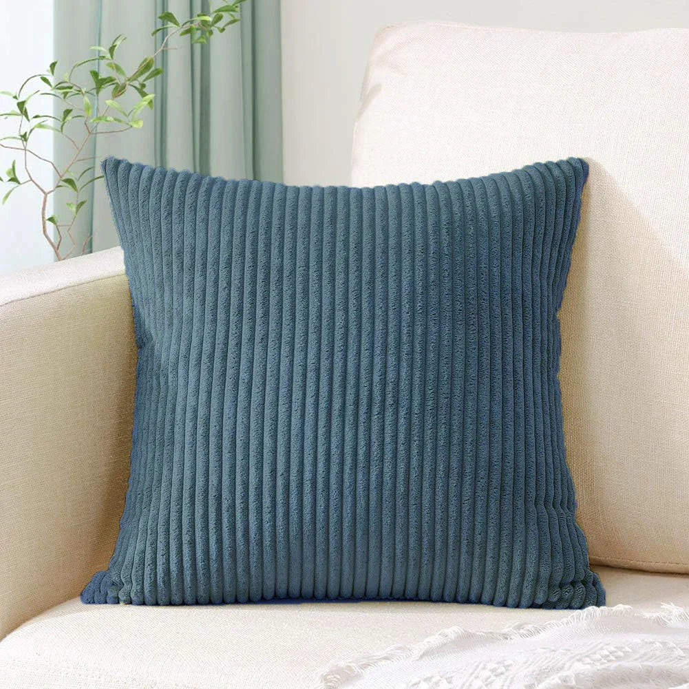 Blue Plush Striped Pillow Covers 45x45cm - Set of 4 Corduroy-Style Cushion Covers with Invisible Zipper, Soft and Washable for Sofa Decor - Mekamart Australia