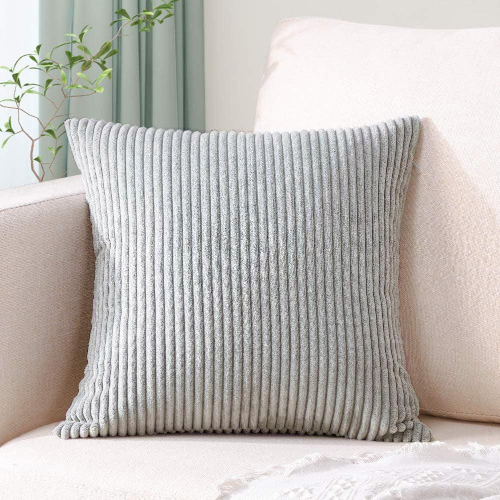 Light Grey Plush Striped Pillow Covers 45x45cm - Set of 4 Corduroy-Style Cushion Covers with Invisible Zipper, Soft and Washable for Sofa Decor - Mekamart Australia