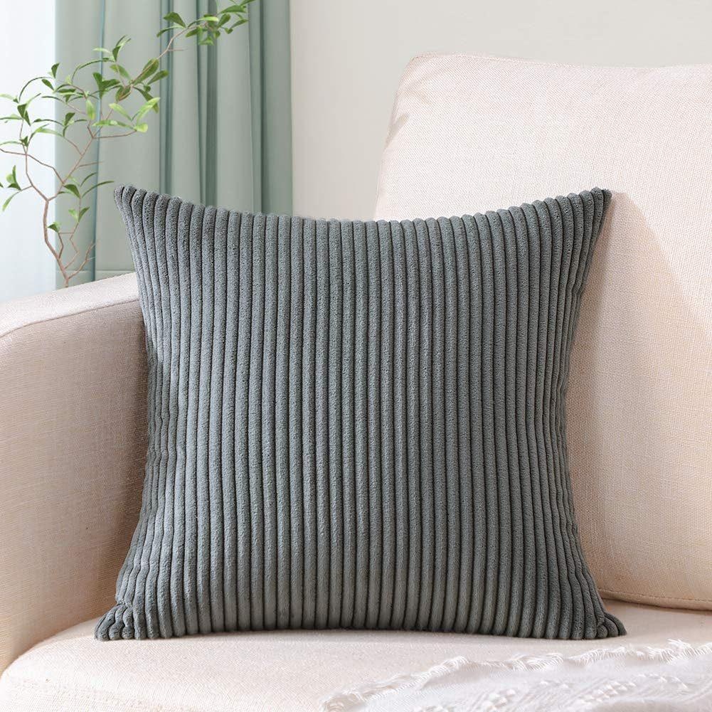 Dark Grey Plush Striped Pillow Covers 45x45cm - Set of 4 Corduroy-Style Cushion Covers with Invisible Zipper, Soft and Washable for Sofa Decor - Mekamart Australia