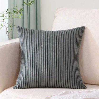 Dark Grey Plush Striped Pillow Covers 45x45cm - Set of 4 Corduroy-Style Cushion Covers with Invisible Zipper, Soft and Washable for Sofa Decor - Mekamart Australia