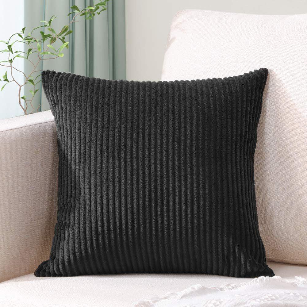 Black Plush Striped Pillow Covers 45x45cm - Set of 4 Corduroy-Style Cushion Covers with Invisible Zipper, Soft and Washable for Sofa Decor - Mekamart Australia