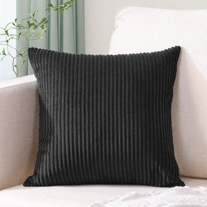 Black Plush Striped Pillow Covers 45x45cm - Set of 4 Corduroy-Style Cushion Covers with Invisible Zipper, Soft and Washable for Sofa Decor - Mekamart Australia