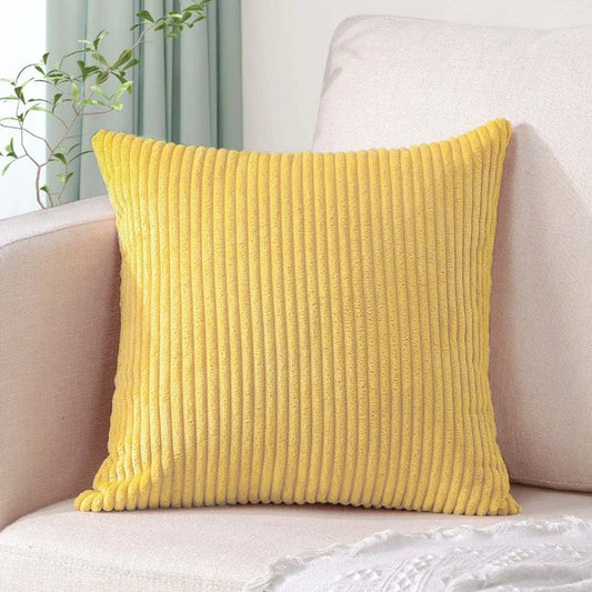 Bright Yellow Plush Striped Pillow Covers 45x45cm - Set of 4 Corduroy-Style Cushion Covers with Invisible Zipper, Soft and Washable for Sofa Decor - Mekamart Australia