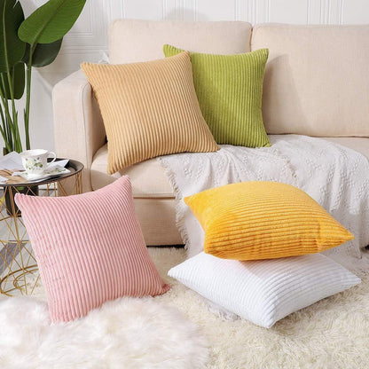 Bright Yellow Plush Striped Pillow Covers 45x45cm - Set of 4 Corduroy-Style Cushion Covers with Invisible Zipper, Soft and Washable for Sofa Decor - Mekamart Australia