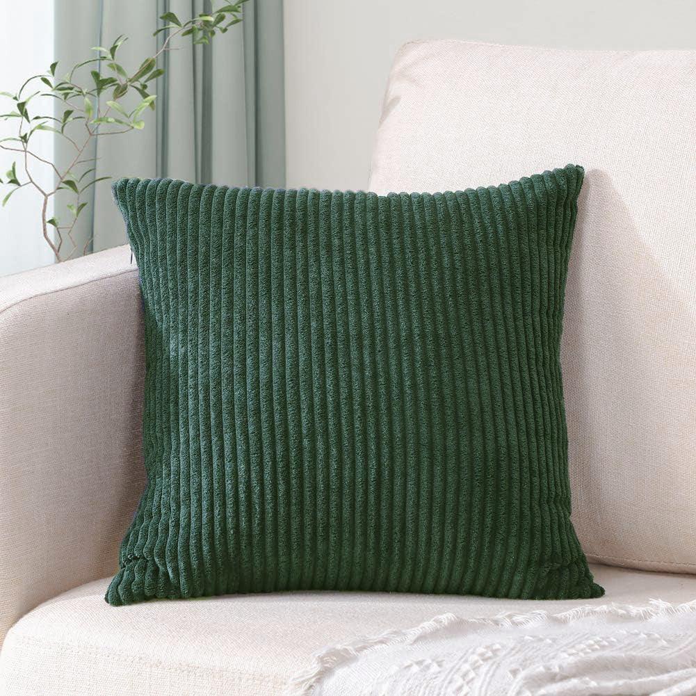 Dark Green Plush Striped Pillow Covers 45x45cm - Set of 4 Corduroy-Style Cushion Covers with Invisible Zipper, Soft and Washable for Sofa Decor - Mekamart Australia