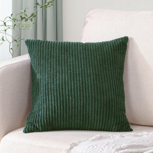 Dark Green Plush Striped Pillow Covers 45x45cm - Set of 4 Corduroy-Style Cushion Covers with Invisible Zipper, Soft and Washable for Sofa Decor - Mekamart Australia