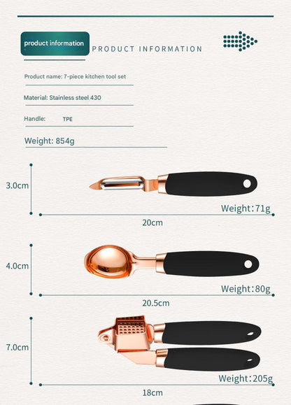 Grey And Rose Gold 7-Piece Kitchen Gadget Set - Stainless Steel Utensils with Comfort Grip Handles