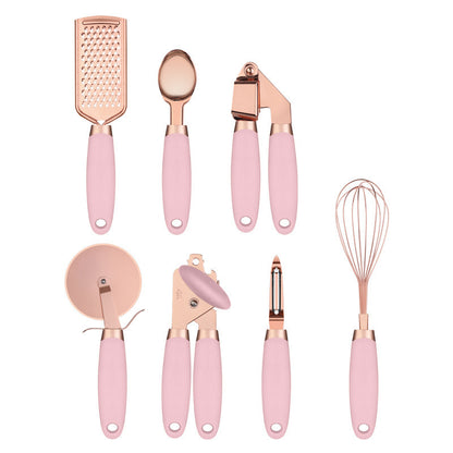 Pink And Rose Gold 7-Piece Kitchen Gadget Set - Stainless Steel Utensils with Comfort Grip Handles