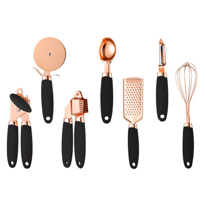 Blue And Rose Gold 7-Piece Kitchen Gadget Set - Stainless Steel Utensils with Comfort Grip Handles