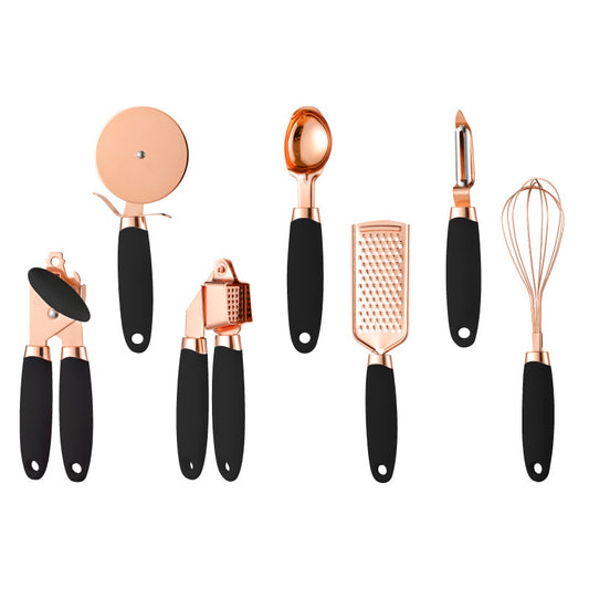 Blue And Rose Gold 7-Piece Kitchen Gadget Set - Stainless Steel Utensils with Comfort Grip Handles
