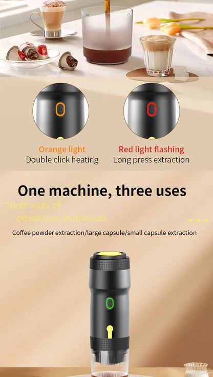 White 3-in-1 Portable Electric Espresso Maker - Rechargeable Travel Coffee Machine for Capsules & Ground Coffee